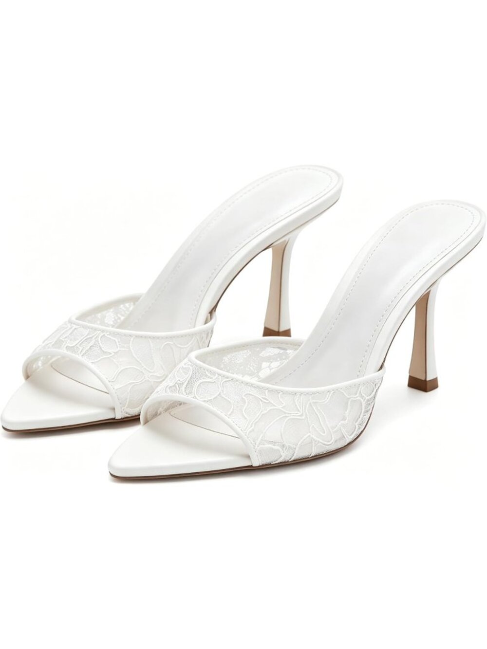 Women's White Wedding Heels Lace Bride Pointed Open Toe High Heels Stiletto Pump